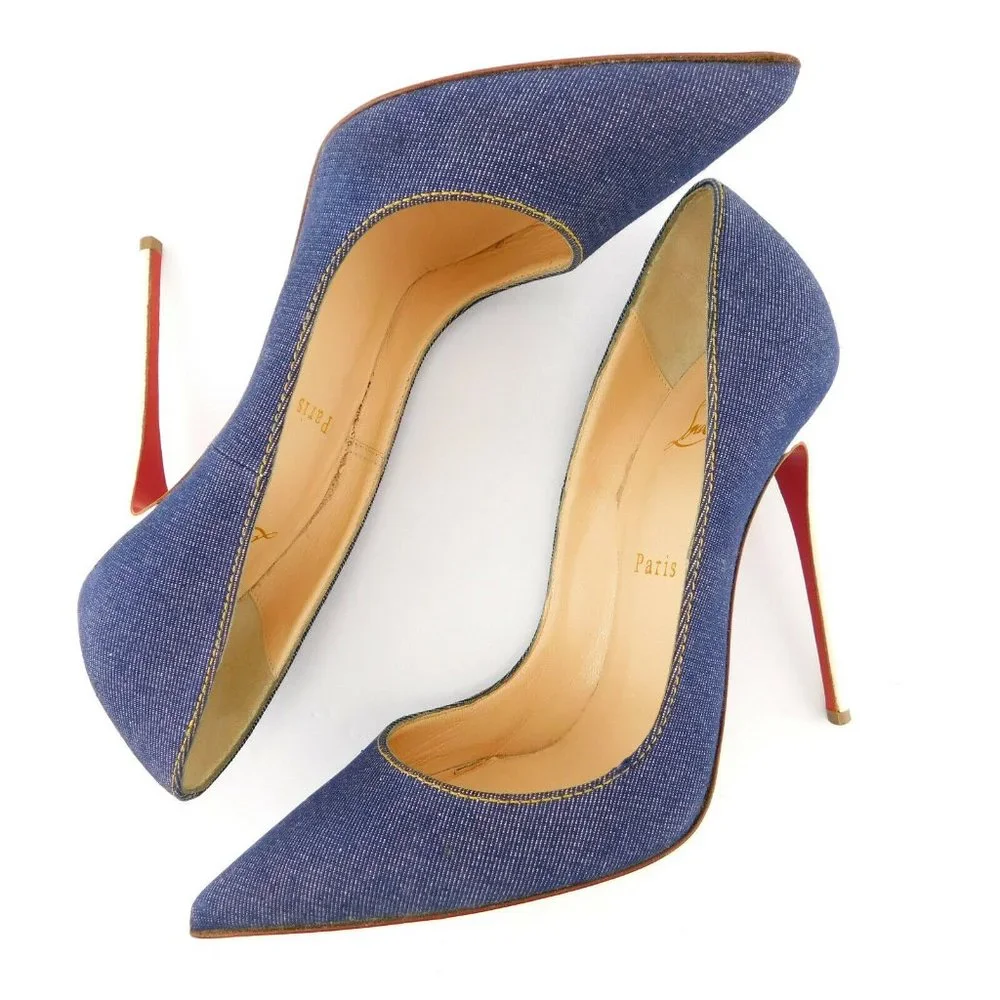 CHRISTIAN LOUBOUTIN Denim Blue Jean White Leather Stiletto Heel Pumps 38